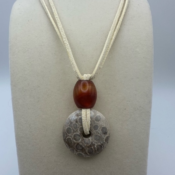 Coral Fossil Jade Donut Pendant Necklace - Picture 6 of 16